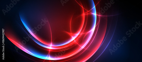 Abstract design features vibrant curves, red hues dominate with blue accents. Dynamic energy radiates from central point. Smooth gradients create depth.