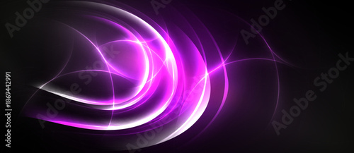 Abstract swirls, vibrant magenta hues, luminous lines against dark background. Dynamic energy, flowing shapes create modern visual impact.