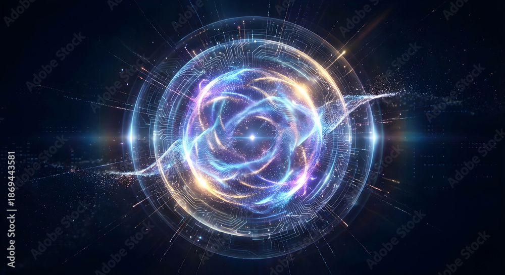 Obraz premium Advanced Quantum Physics Core with Atomic Particle Orbit and Digital Circuitry