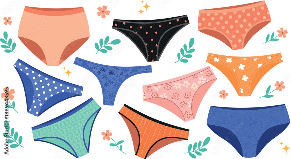 Fototapeta premium Set of colorful women panties and underwear with floral and polka dot patterns, flat vector illustration of feminine lingerie
