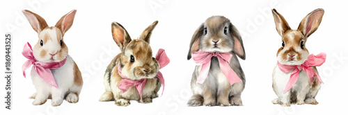 Watercolor rabbit illustration with pink bow, cute bunny character set for Easter spring designs, realistic baby animal drawings isolated on white background. Vector illustration.