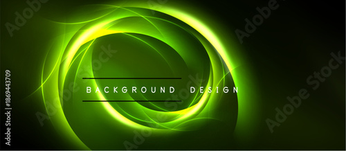 Bright green glowing circles over dark background. Modern design element, abstract illustration, energy flow, dynamic composition.
