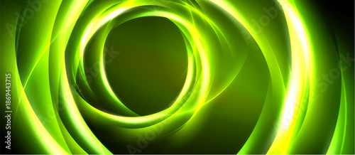 Abstract green swirls create dynamic circular pattern. Bright neon lines radiate from central dark point. Smooth gradients suggest movement, depth.