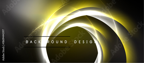 Abstract design features glowing circular layers. Gold, silver, black hues create dynamic visual effect. Modern background element.