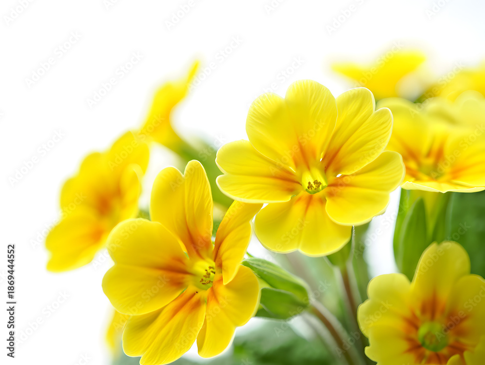 Fototapeta premium Vibrant yellow primrose flowers against a clean white background