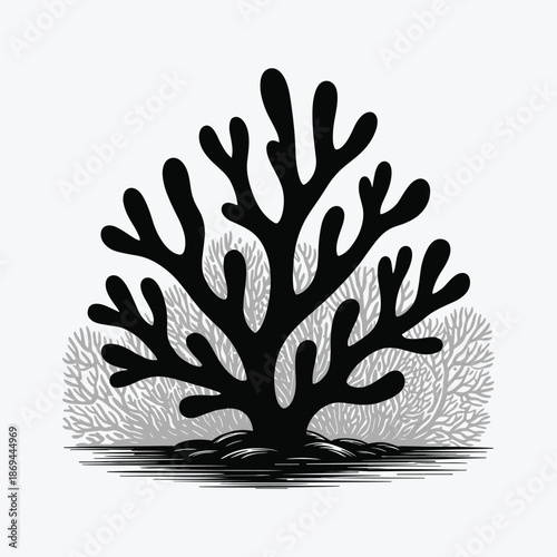 Black coral reef with gray coral background marine life vector silhouette 