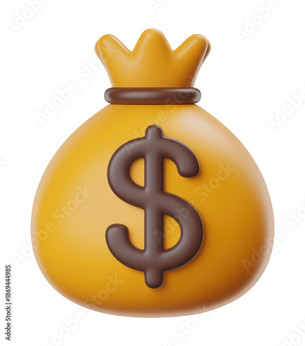3D Gold Money Bag with Dollar Sign and Crown for Riches and Luxury Design
