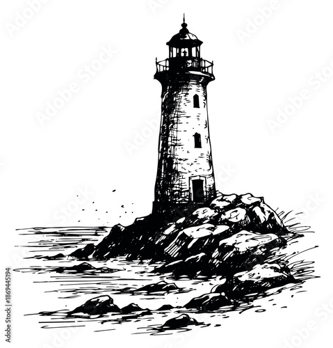 Hand drawn line art illustration of a lighthouse depicting a beacon on a rocky shore for marine navigation