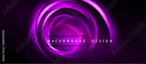 Abstract purple swirls create dynamic circular design. Dark background emphasizes glowing effect, text reads background design.