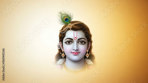 Serene portrait of lord krishna with ornate headpiece and jewelry