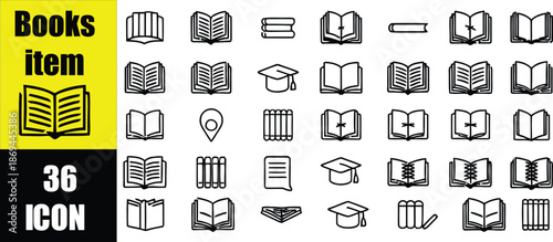 Collection of 36 book and item icons in various styles