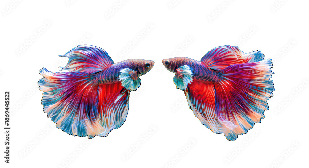 Obraz premium two male betta splendens, purple-emerald and magenta-cyan fins, fanning elegantly against a deep black studio background, dramatic lighting. concept of delicate power