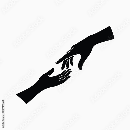 Black silhouette of two hands reaching for each other silhouettes isolated on white background.
