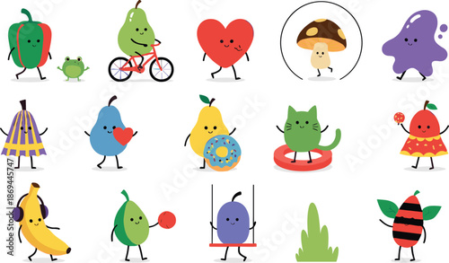 Set of cute kawaii fruit and vegetable characters, flat vector illustration of funny food mascots including banana pear mushroom and pepper