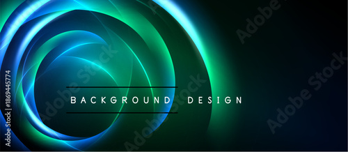 Abstract neon swirls, vibrant bluegreen hues, dark background. Modern design element, dynamic composition, glowing lines.