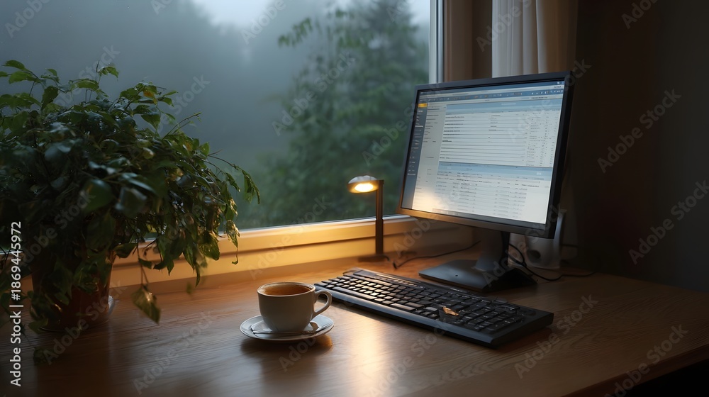 Fototapeta premium A computer workstation with coffee and a plant sits by a window on a foggy overcast day