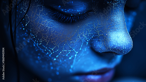 Digital network pattern with glowing blue dots and connections on human face profile, artificial intelligence and facial recognition technology concept