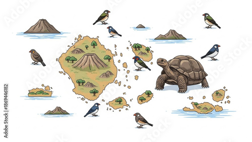 Turtle and birds on volcanic islands with lush greenery and water with nature
