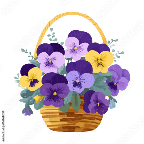 Clean 2D flat vector depiction of a Pansy Basket, designed in minimalist modern style with white background.