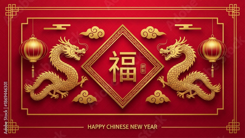Happy Chinese New Year greeting design with golden dragons, lanterns, and auspicious Fu character on a red background.
