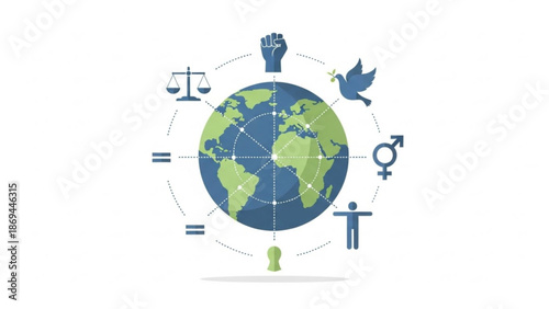 Global unity and equality concept with earth surrounded by symbols of peace justice and human rights