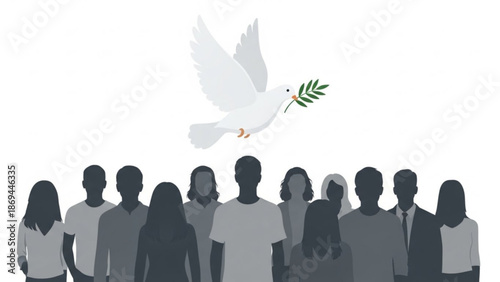 Diverse group of people silhouettes with a white dove carrying an olive branch flying above them