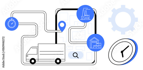 Logistics, supply chain, delivery planning, transportation, time management, route optimization. Delivery truck navigating a route with factory, map marker and warehouse icons. Logistics and supply