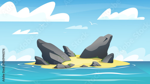 Uninhabited tropical island in ocean with rocks and yellow sand. Seaside nature landscape. Stones at beach. Empty sea coast. Summer sky clouds. Caribbean seashore. Vector illustration