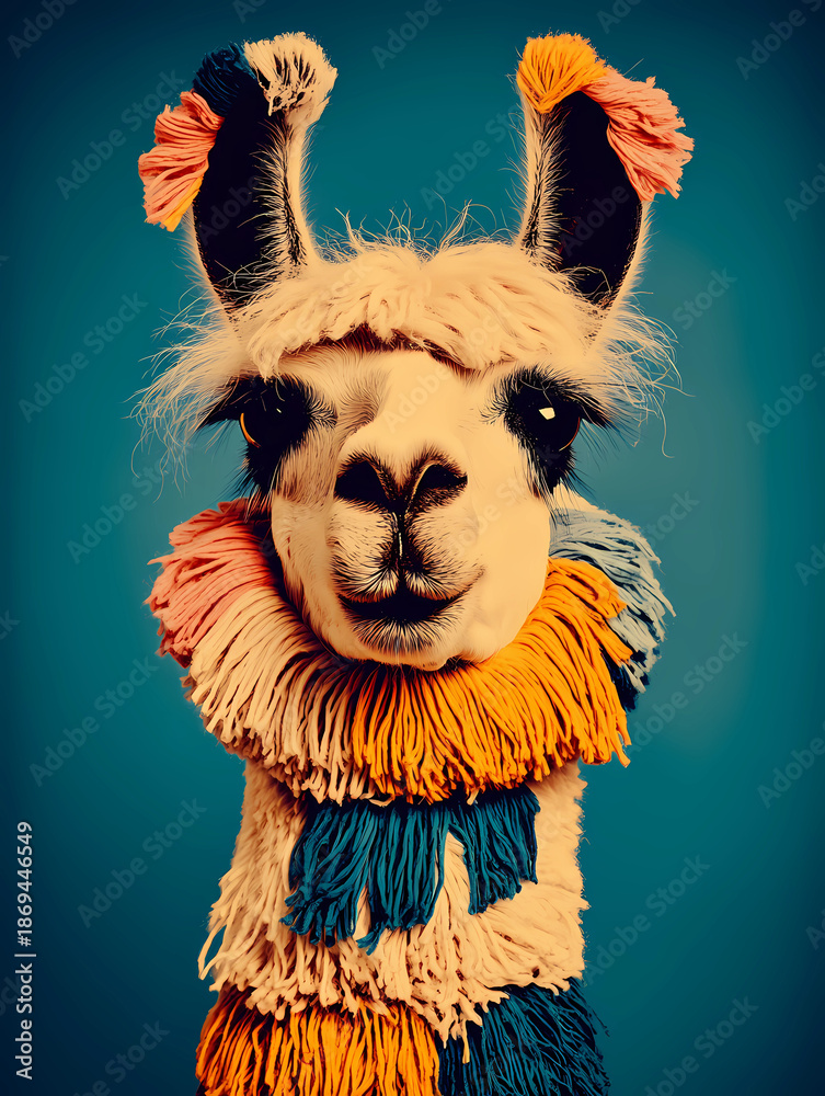 Fototapeta premium Kopf von einem Lama mit Fell aus Wolle - einfacher Hintergrund