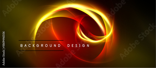 Bright abstract swirls, vibrant colors, dynamic energy. Dark background emphasizes glowing lines, modern design element.