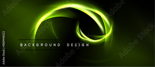 Abstract green energy flow. Dynamic curves create glowing visual impact. Dark background emphasizes bright swirls, modern design element.