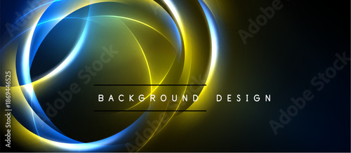 Abstract neon lines create dynamic circular shapes. Dark background emphasizes glowing yellow, blue curves. Text reads background design.