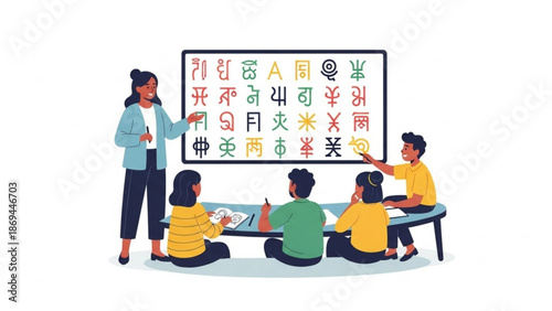 A teacher explains currency symbols to students in a classroom setting with a whiteboard