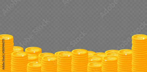 Stacks of gold coins with dollar signs on transparent background. Financial success. Metal money frame. Treasure cash. Finance savings. Currency profit. Golden monetary. Vector backdrop