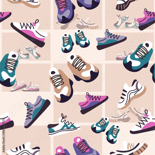Sports footwear. Running shoes seamless pattern. Athletic sneakers. Sportsman casual footgear. Sportive gumshoes. Repeated print. Training sportwear. Boots with lacing. Vector background