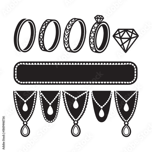 Jewelry Silhouette Set Featuring Rings Engagement Bands And Elegant Necklaces Collection.