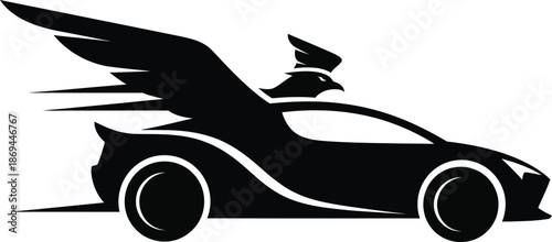 A sleek black sports car with wings speeding across a white background
