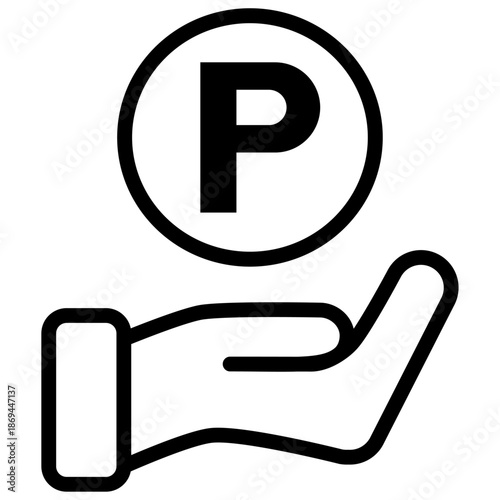 Pマークのポイントコインを手で支えるアウトラインアイコン /Outline Point Coin on Hand Icon