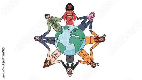 Diverse group of people from different cultures holding hands around the earth globe in a symbol of unity