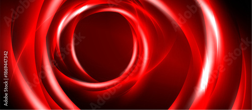 Red abstract swirls create dynamic circular motion. Dark background emphasizes bright, glowing lines. Modern design element.