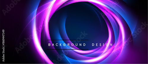 Abstract neon circles create dynamic background. Vivid purple, blue hues dominate dark space. Modern design element.