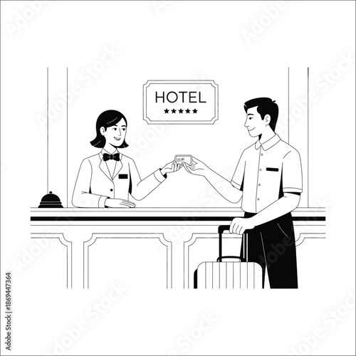Hotel receptionist handing keycard to guest with luggage