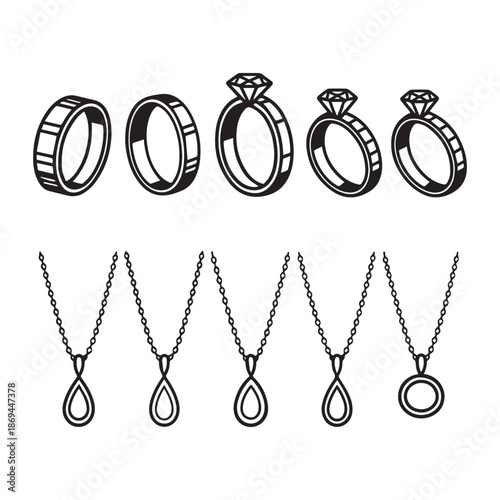 Jewelry Silhouette Set Featuring Rings Engagement Bands And Elegant Necklaces Collection.