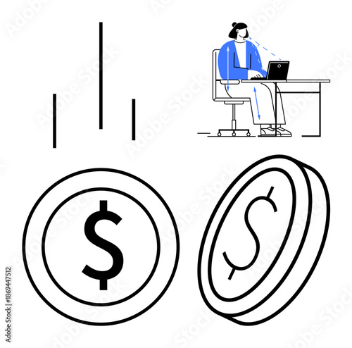 Digital finance concept. Visual elements include currency symbols, coins, and an individual using a laptop. Digital finance explores e-commerce, remote work, fintech, online payments