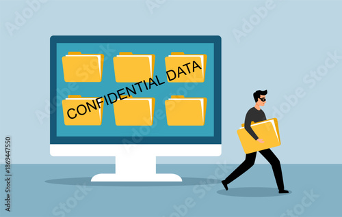Hacker stealing confidential data document folder from computer. Cyber hacking.