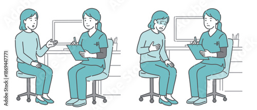 問診と体調不良の女性患者セット（女性医師・スクラブ）