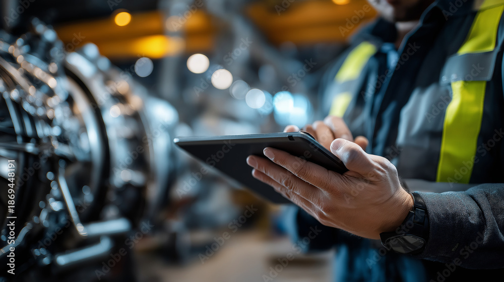 Obraz premium Faceless man in warehouse inspecting aircraft engine while using tablet, technology and aviation maintenance intersection, aerospace professional, with copy space