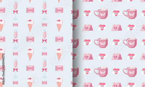 Set of two seamless Valentine s Day patterns one with envelopes, ice cream, champagne glasses the other with mugs, LOVE hearts, and FEB 14 calendars on a pastel blue background