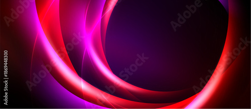 Abstract design features vibrant curves, flowing shapes. Pink, purple, red hues dominate dark background. Modern, dynamic composition.