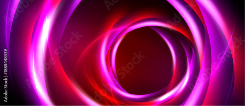 Abstract design features concentric glowing circles. Vibrant pinks, reds create dynamic visual impact. Dark background emphasizes luminosity.